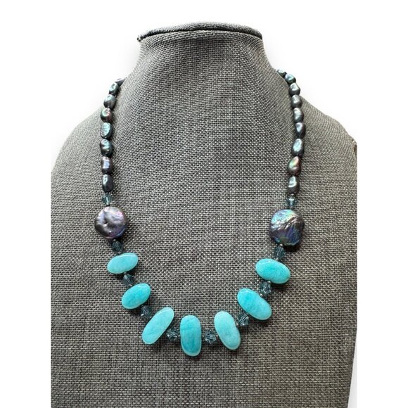 Sterling Silver Freshwater Pearl Crystal Stone Necklace 17" - Picture 1 of 5